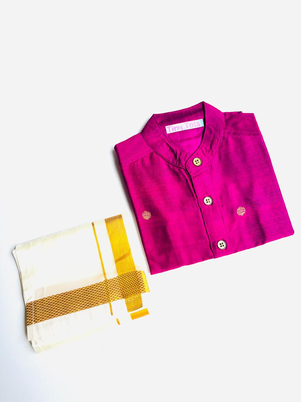 Rani Pink Silk Butta Shirt with White Pattu Dhoti for Boys – Traditional Festive Set