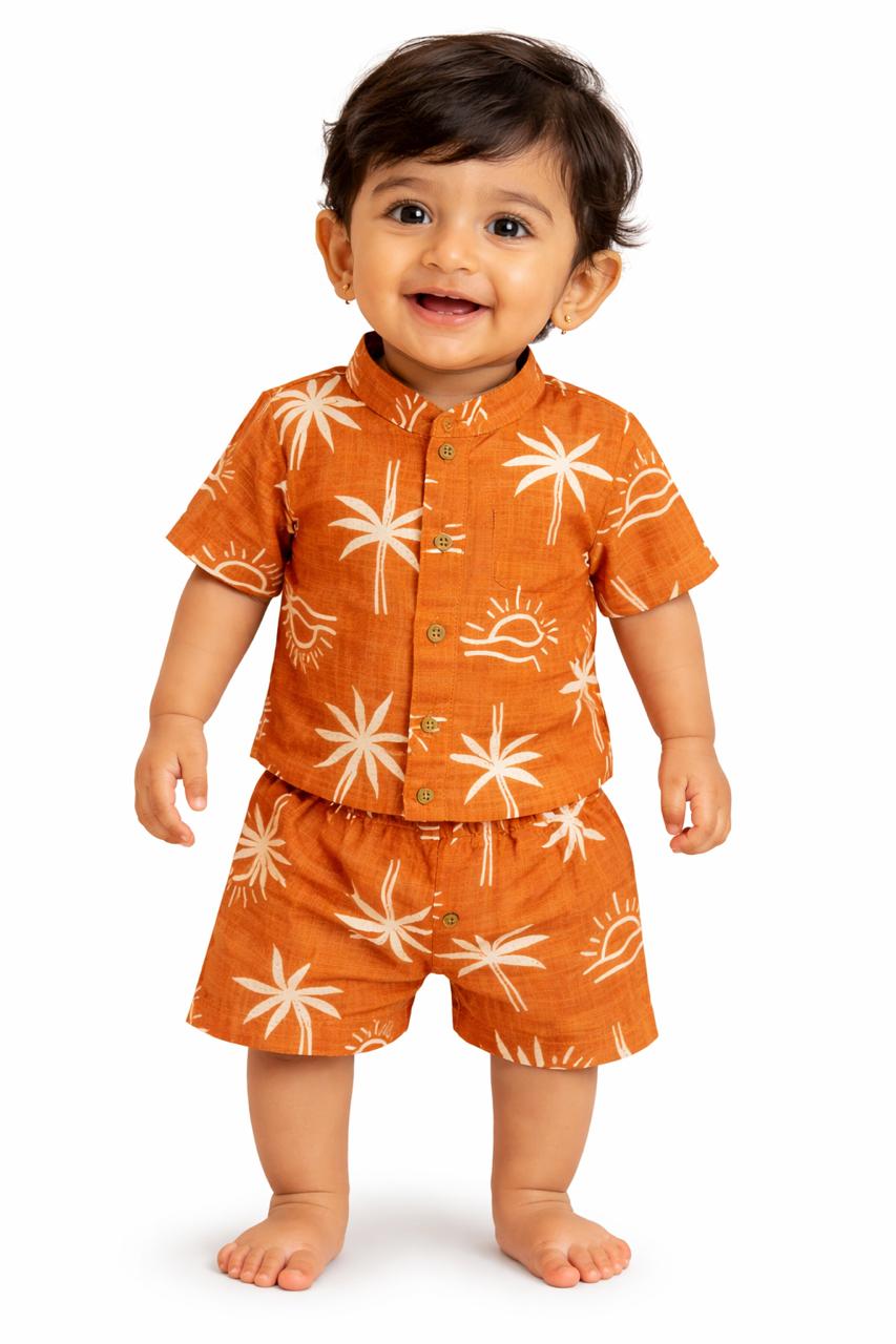 Baby Boy Orange Palm Print Shirt & Shorts Set – Summer Beach Outfit