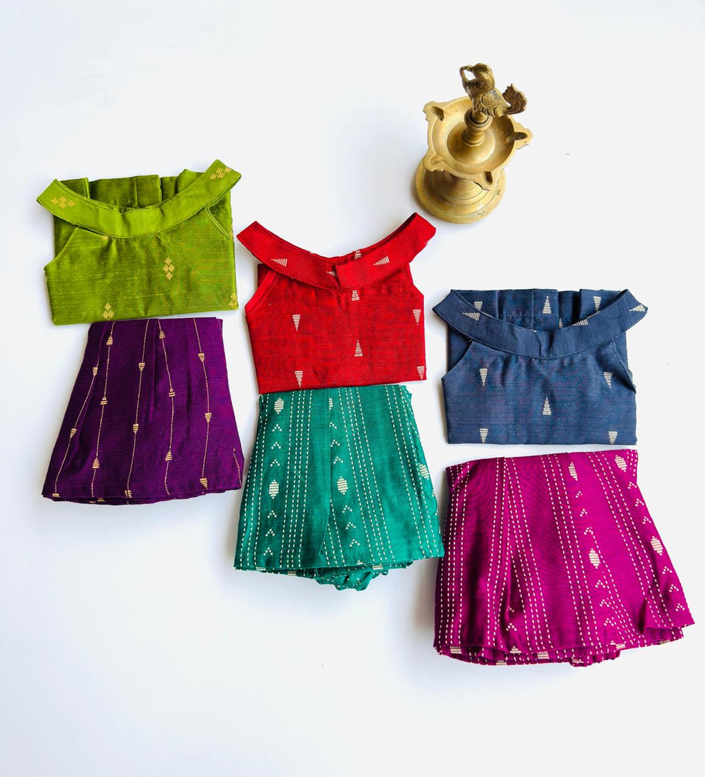 Traditional Raw Silk Pattu Frock Set for Girls – Blue & Magenta with Back Bow Design