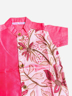 Hot Pink Silk Panel Shirt with White Pattu Dhoti for Boys – Traditional Festive Set