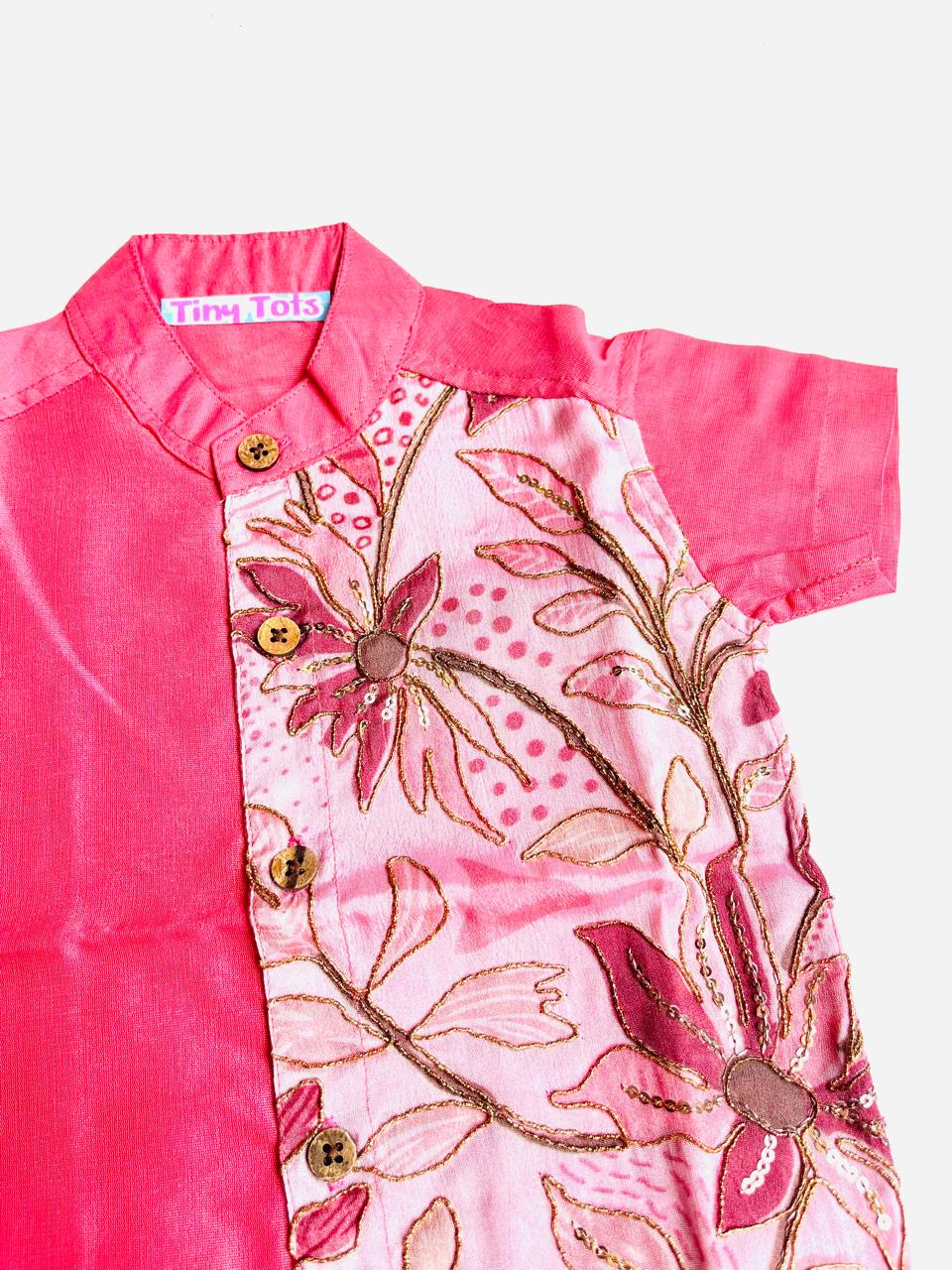 Hot Pink Silk Panel Shirt with White Pattu Dhoti for Boys – Traditional Festive Set