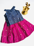 Traditional Raw Silk Pattu Frock Set for Girls – Blue & Magenta with Back Bow Design
