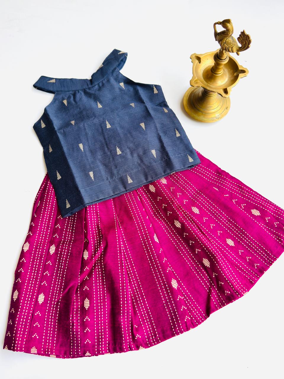 Traditional Raw Silk Pattu Frock Set for Girls – Blue & Magenta with Back Bow Design