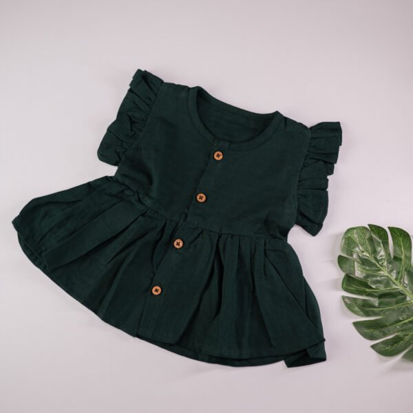 Dark Green Muslin Baby Frock with Wooden Buttons – Soft & Stylish