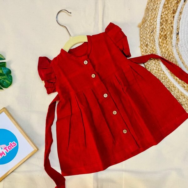 Red Muslin Baby Frock with Wooden Buttons – Soft & Stylish