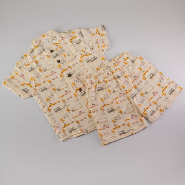 Cream white with vehicles print  - Half Sleeve Short Set