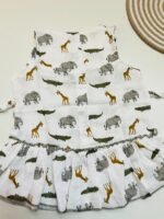 White Safari Animal Print Muslin Frill Top for Baby Girls - Back Button Frock - Image 2