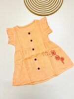 Muslin Front  Button Sleeve Frock with Embroidery– Orange