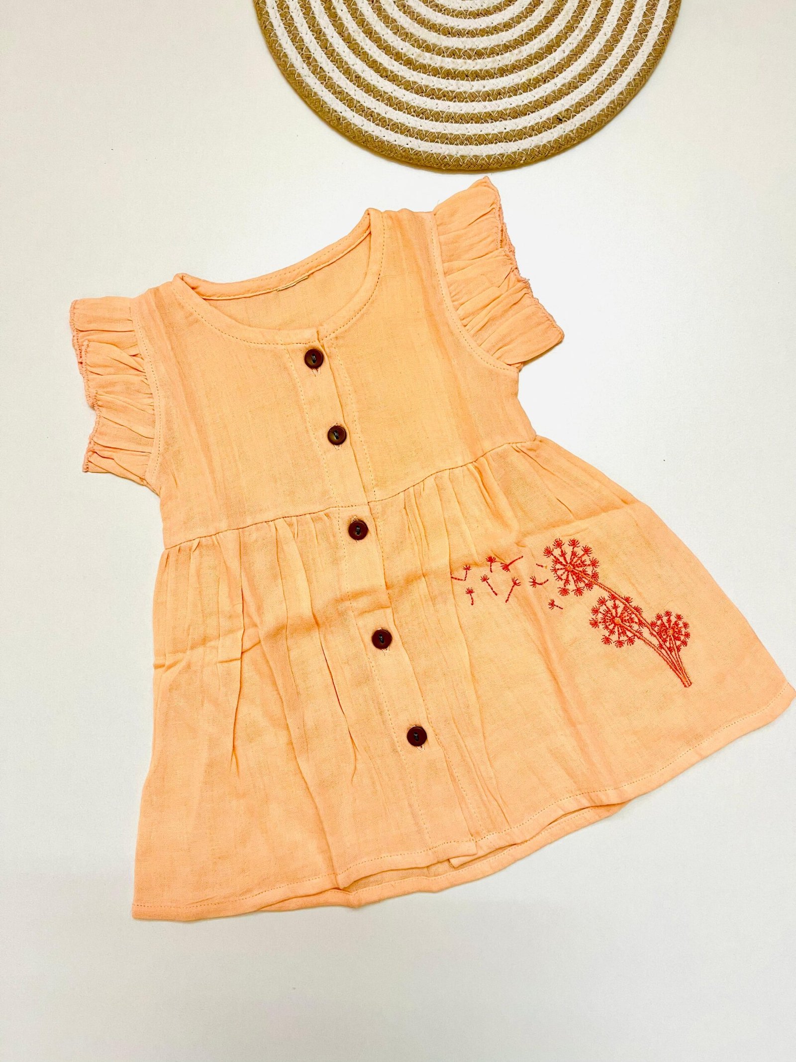 861a4c89-2258-4d51-83f6-725d84a2ba94 Muslin Front Button Sleeve Frock with Embroidery– Orange - Image 1
