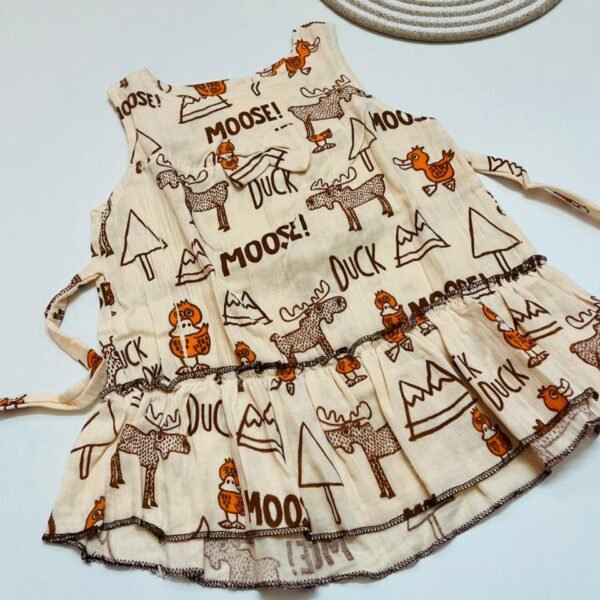 Beige Moose & Duck Print Muslin Frill Top for Baby Girls - Back Button Frock