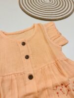 Muslin Front  Button Sleeve Frock with Embroidery– Orange - Image 3