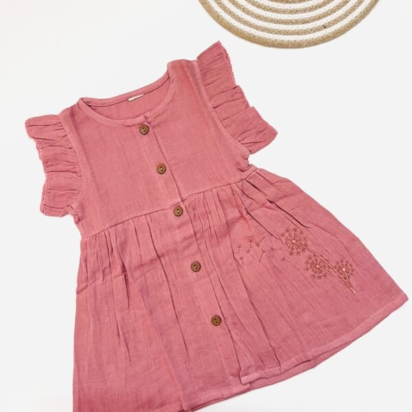 Muslin Front  Button Sleeve Frock with Embroidery –  Burgundy