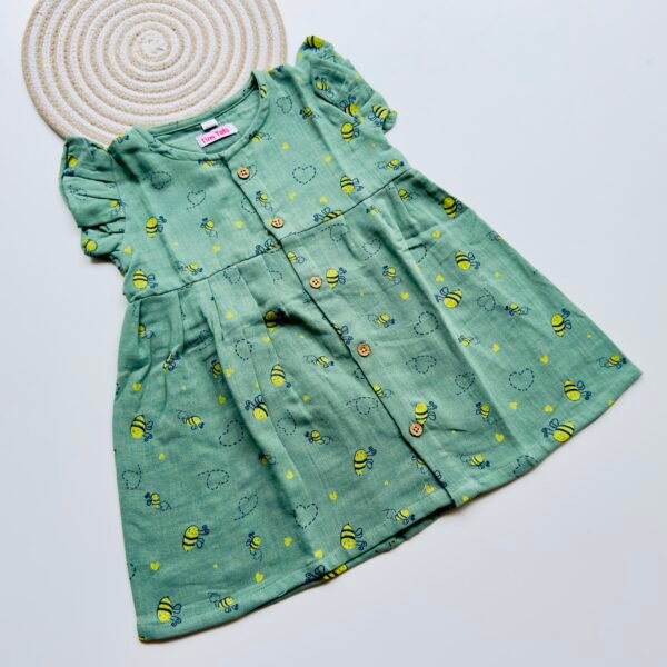 Crinkle Muslin Bee Print Baby Frock – Soft, Breathable & Stylish