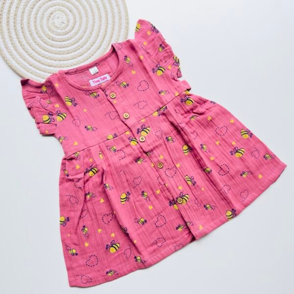 Crinkle Muslin Pink Honey Bee Print Baby Frock – Soft, Breathable & Stylish