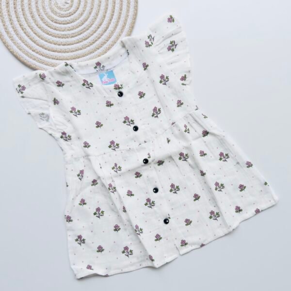 White Muslin Frock with Pink Floral Print for Girls - Soft, Breathable & Stylish