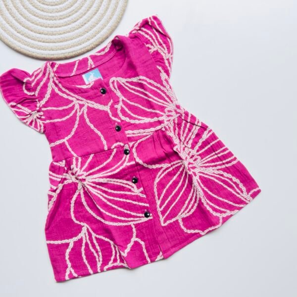 Bright Pink Muslin Frock with White Leaf Print for Girls – Soft, Breathable & Stylish