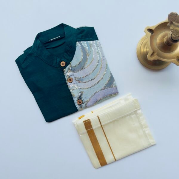 Green Silk Panel Shirt with White Pattu Dhoti for Boys – Traditional Festive Set