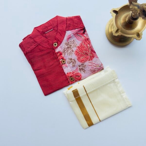 Red Silk Panel Shirt with White Pattu Dhoti for Boys – Traditional Festive Set
