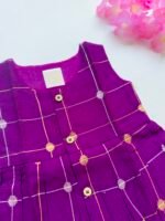 Royal Purple Ethnic Butta Sleeveless Silk Baby Frock With Wooden Buttons - Image 2