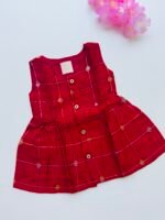 Classic Maroon Ethnic Butta Sleeveless Silk Baby Frock With Wooden Buttons