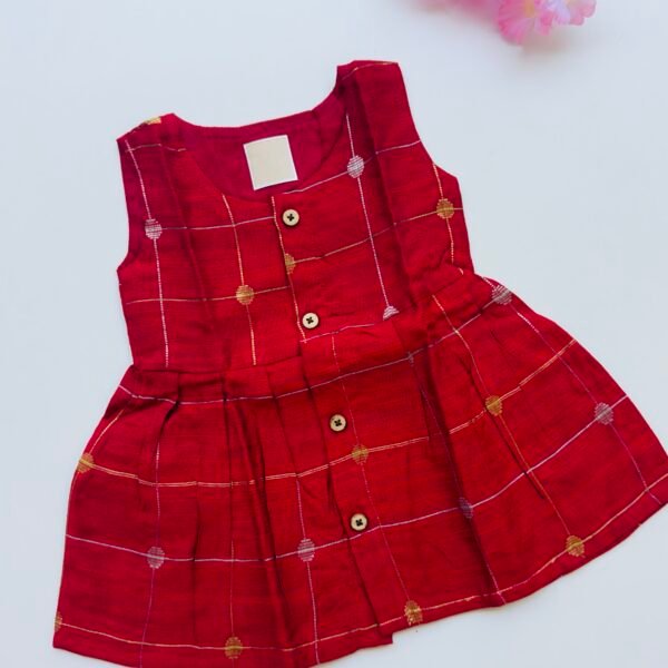 Classic Maroon Ethnic Butta Sleeveless Silk Baby Frock With Wooden Buttons