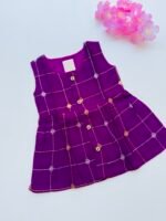 Royal Purple Ethnic Butta Sleeveless Silk Baby Frock With Wooden Buttons