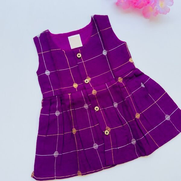 Royal Purple Ethnic Butta Sleeveless Silk Baby Frock With Wooden Buttons