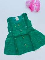 Green Ethnic Butta Sleeveless Silk Baby Frock With Wooden Buttons
