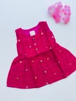 Pink Ethnic Butta Sleeveless Silk Baby Frock With Wooden Buttons