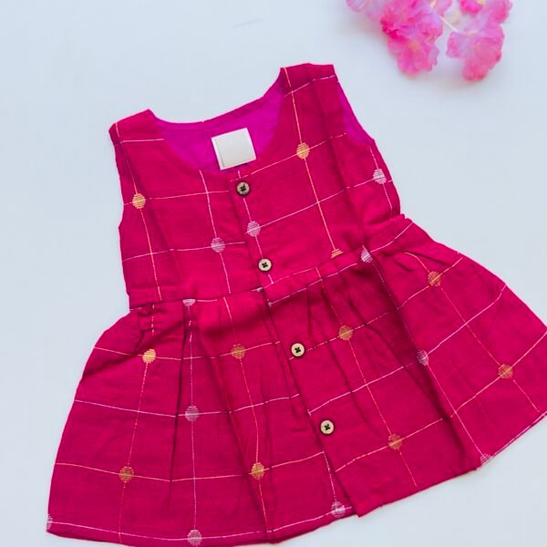 Pink Ethnic Butta Sleeveless Silk Baby Frock With Wooden Buttons
