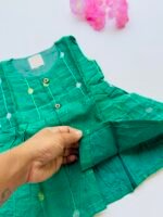 Green Ethnic Butta Sleeveless Silk Baby Frock With Wooden Buttons - Image 3