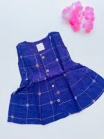 Blue Ethnic Butta Sleeveless Silk Baby Frock With Wooden Buttons