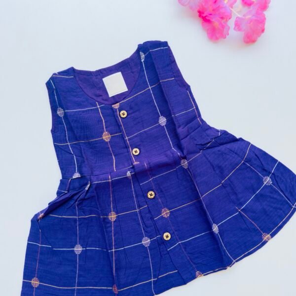 Blue Ethnic Butta Sleeveless Silk Baby Frock With Wooden Buttons