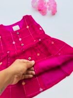 Pink Ethnic Butta Sleeveless Silk Baby Frock With Wooden Buttons - Image 3