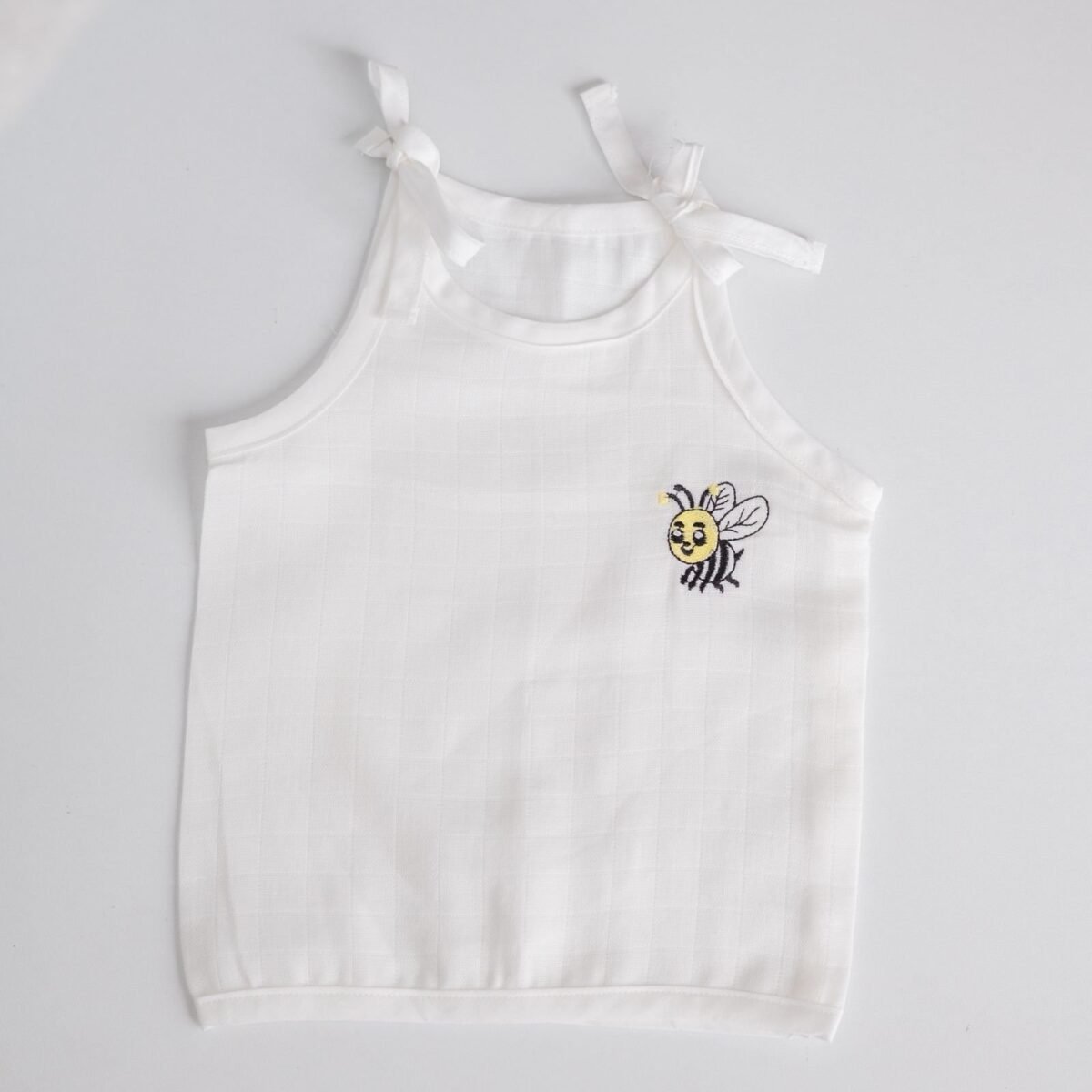 White Muslin Knot Jabla with Honey Bee Embroidery – 100% Cotton for Newborns - Image 2