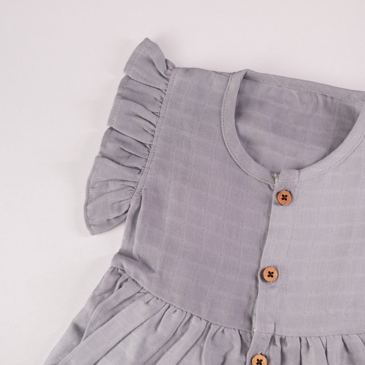 Grey Muslin Baby Frock with Wooden Buttons – Soft & Stylish - Image 3