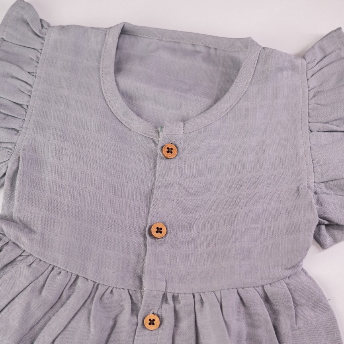 Grey Muslin Baby Frock with Wooden Buttons – Soft & Stylish - Image 2