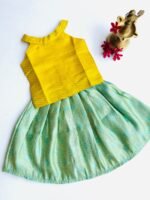 Banarasi Pattu Pavadai Set - Mustard Yellow & Mint Green