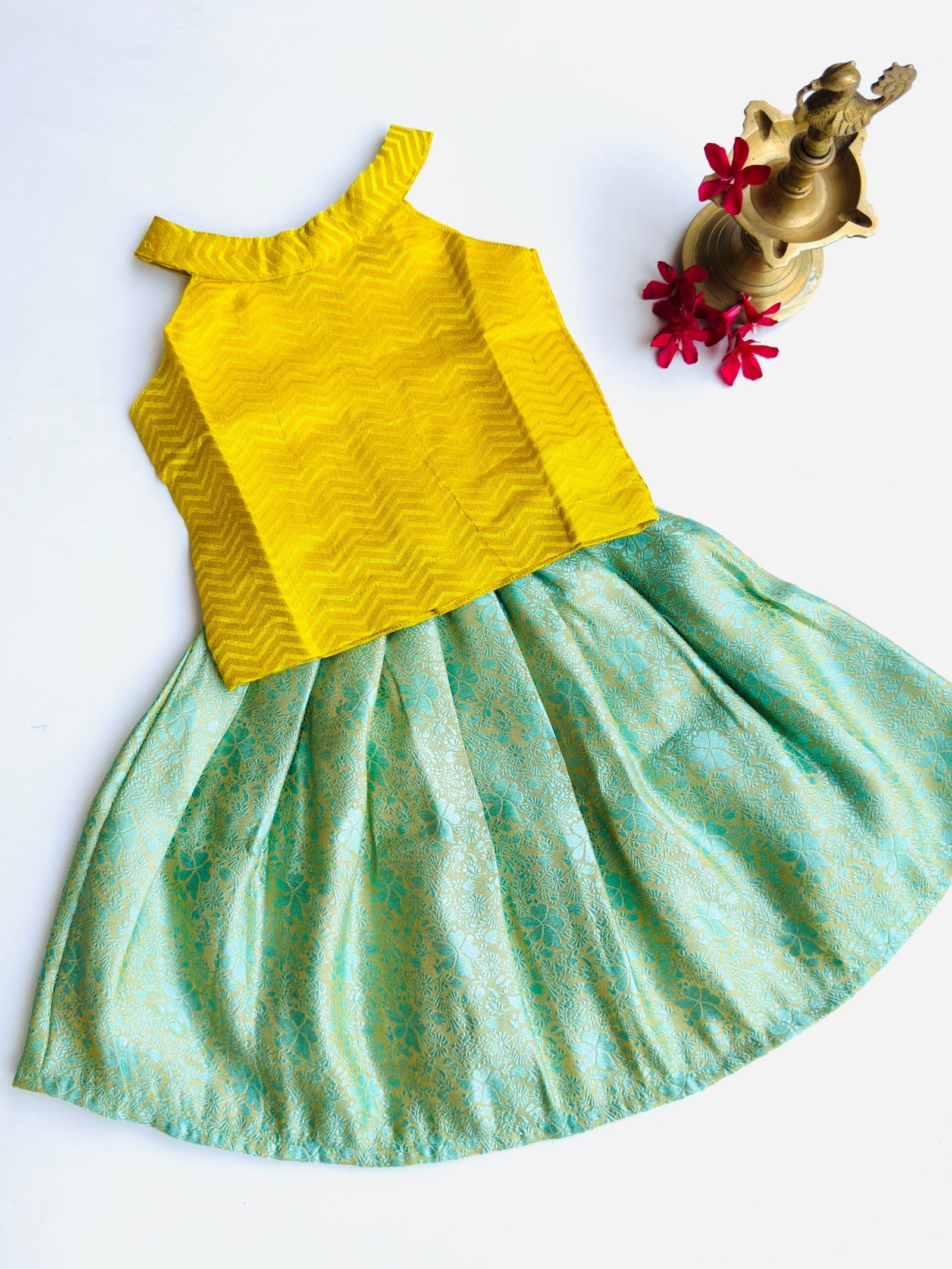 IMG_3993-3-scaled-1.jpg Banarasi Pattu Pavadai Set - Mustard Yellow & Mint Green - Image 1