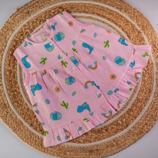 Pink - Blue Dino  Muslin Frock