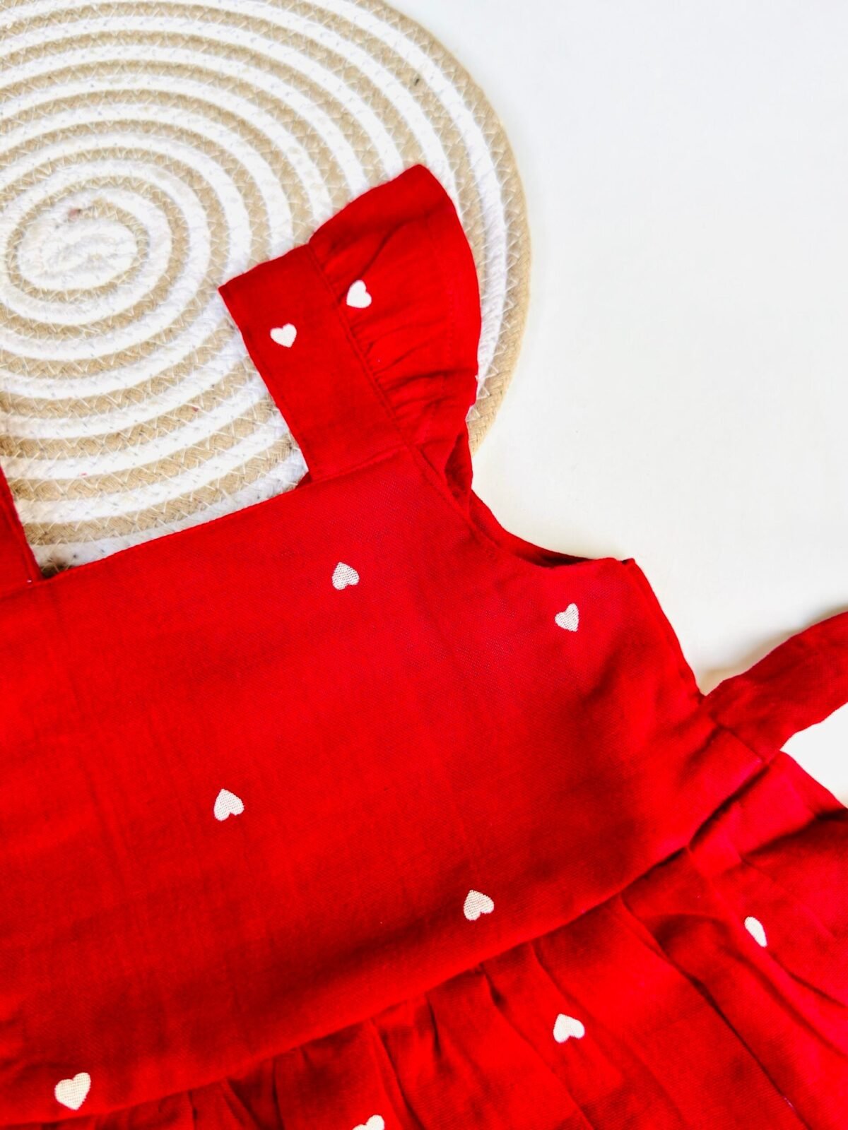 Red Heart Embroidered Cotton Frock for Baby Girls - Back Button Frock - Image 3