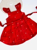 Red Heart Embroidered Cotton Frock for Baby Girls - Back Button Frock - Image 2