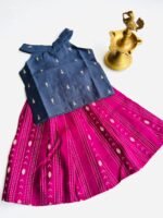 Traditional Raw Silk Pattu Frock Set for Girls – Blue & Magenta with Back Bow Design