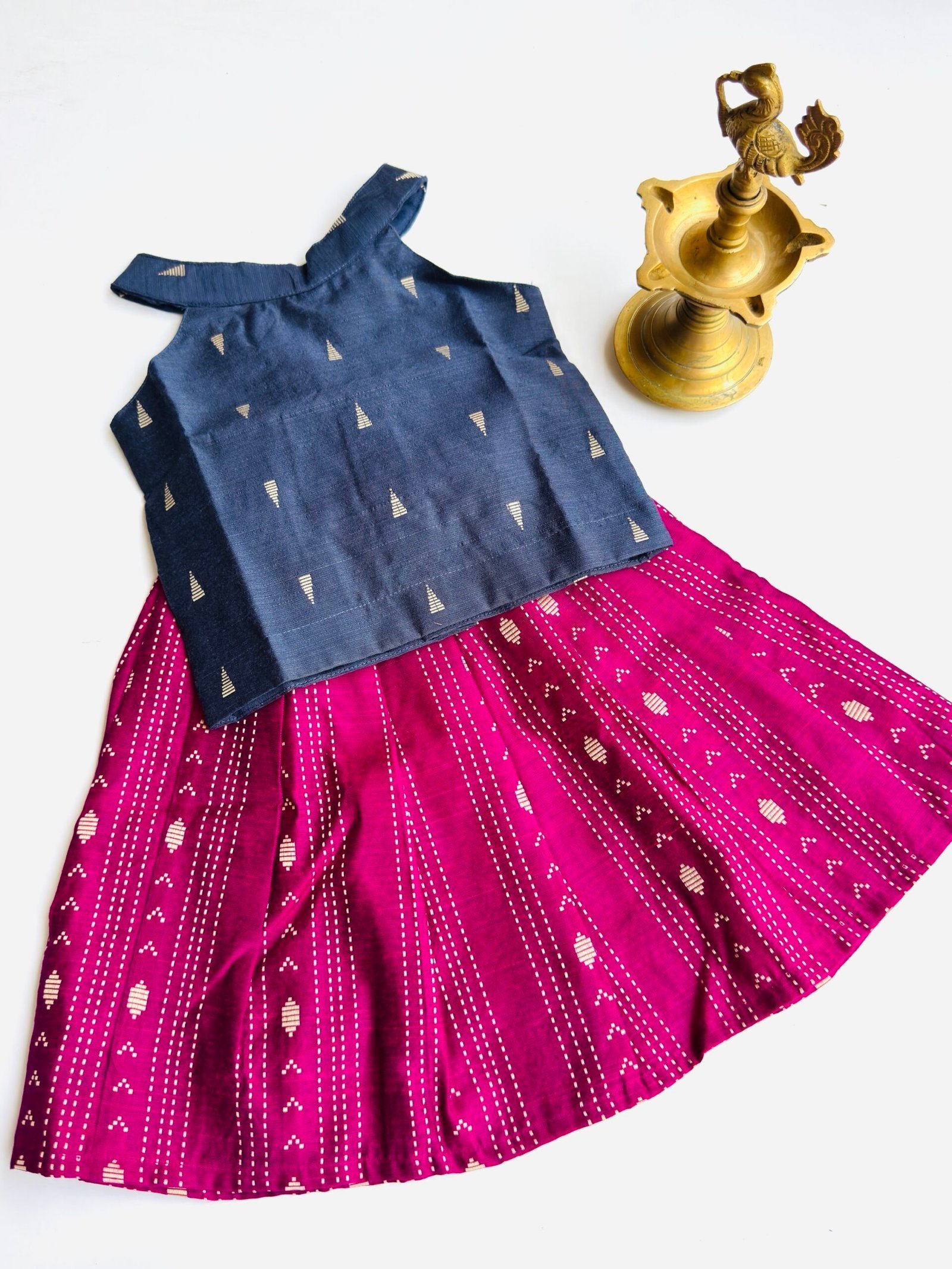 img_1523-scaled-1.jpeg Traditional Raw Silk Pattu Frock Set for Girls – Blue & Magenta with Back Bow Design - Image 1