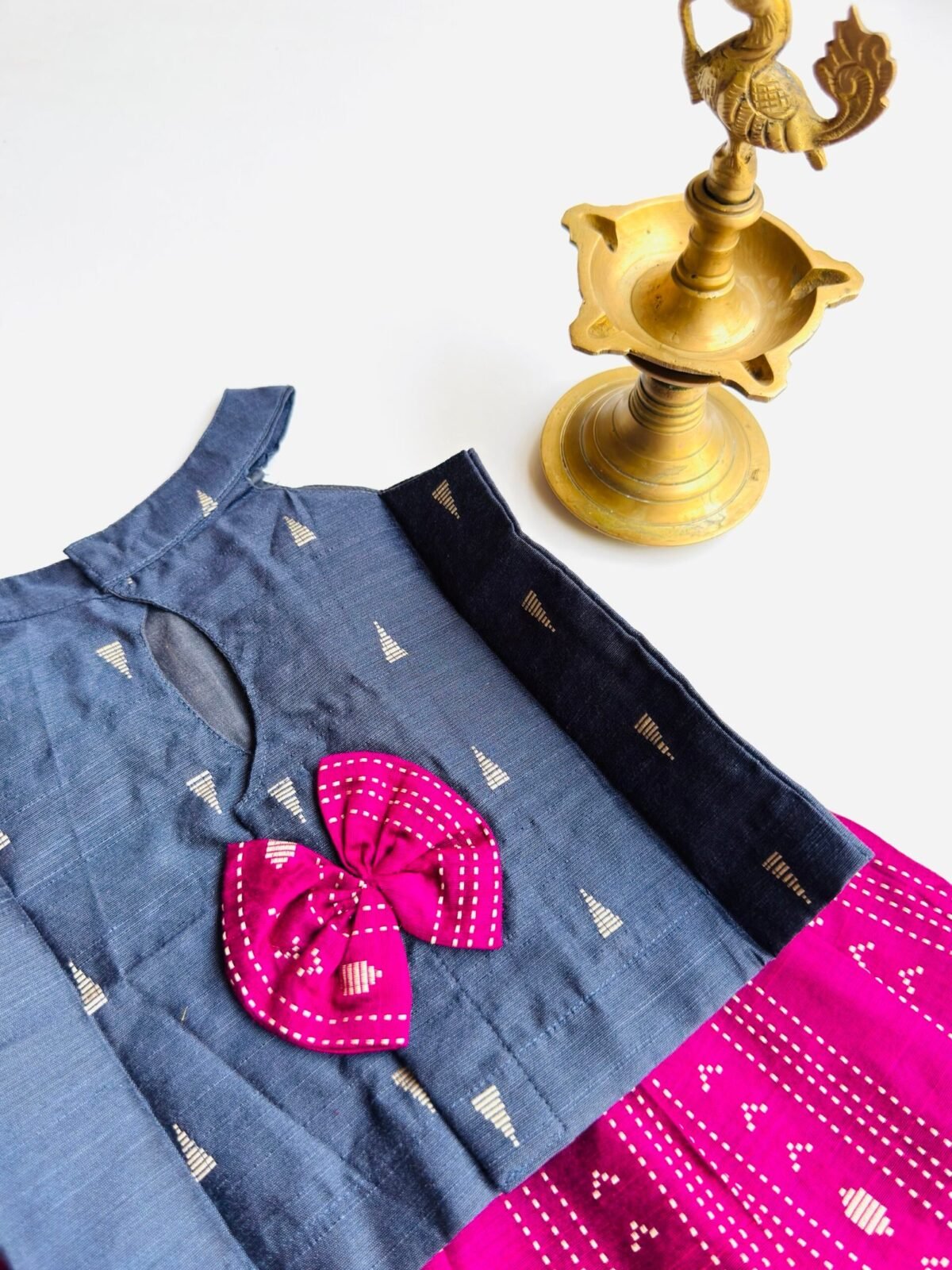 Traditional Raw Silk Pattu Frock Set for Girls – Blue & Magenta with Back Bow Design - Image 2