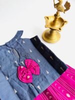 Traditional Raw Silk Pattu Frock Set for Girls – Blue & Magenta with Back Bow Design - Image 2