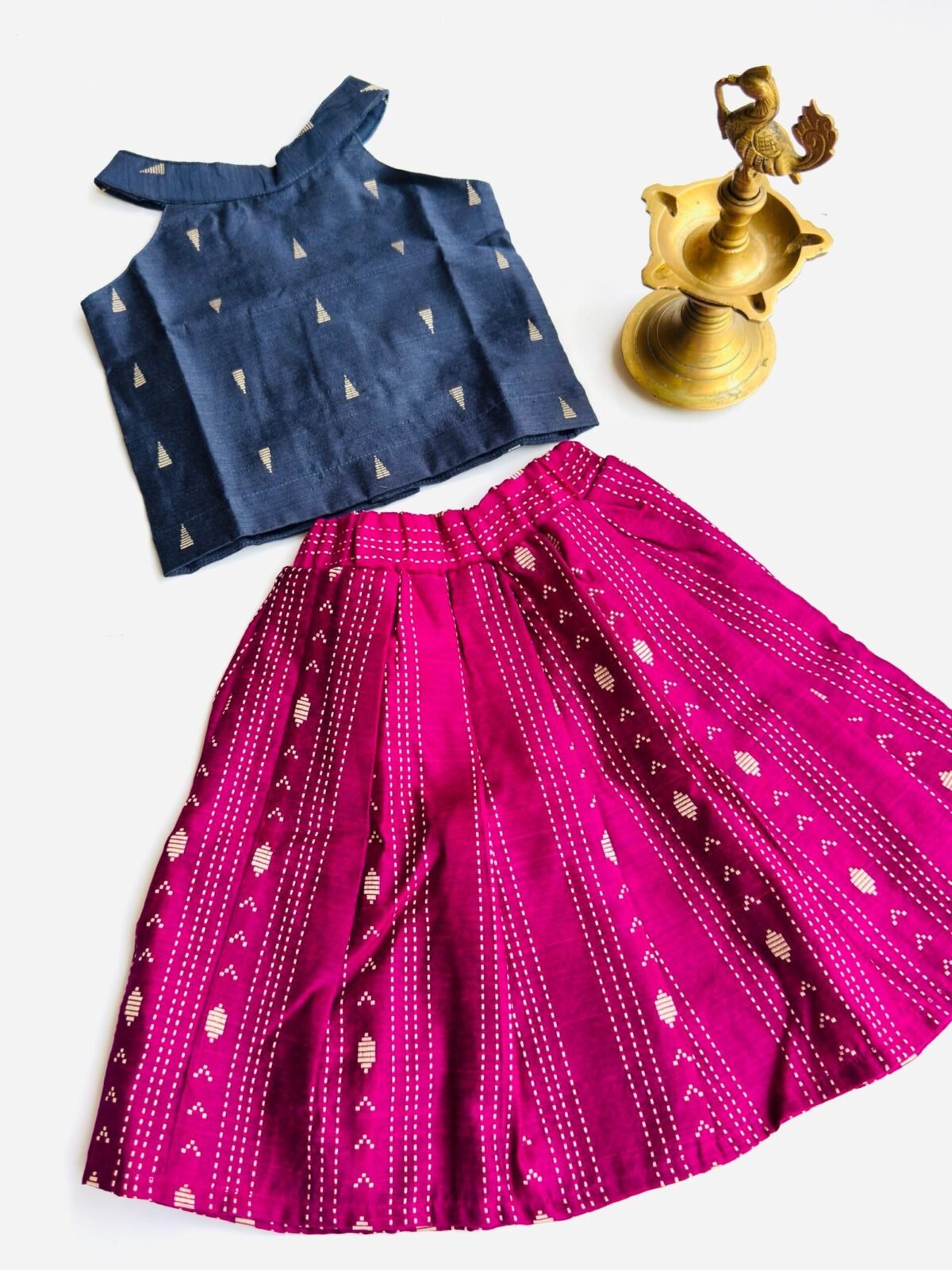 Traditional Raw Silk Pattu Frock Set for Girls – Blue & Magenta with Back Bow Design - Image 3