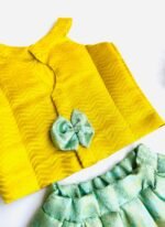 Banarasi Pattu Pavadai Set - Mustard Yellow & Mint Green - Image 2