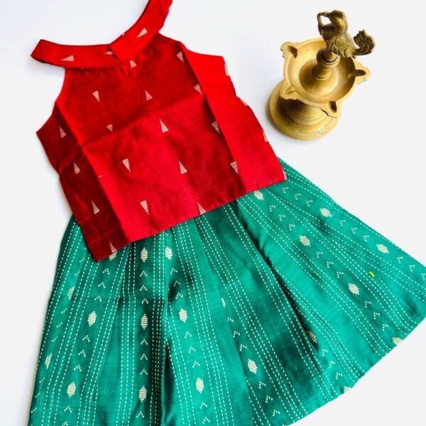 Traditional Raw Silk Pattu Frock Set for Girls – Red & Green with Back Bow