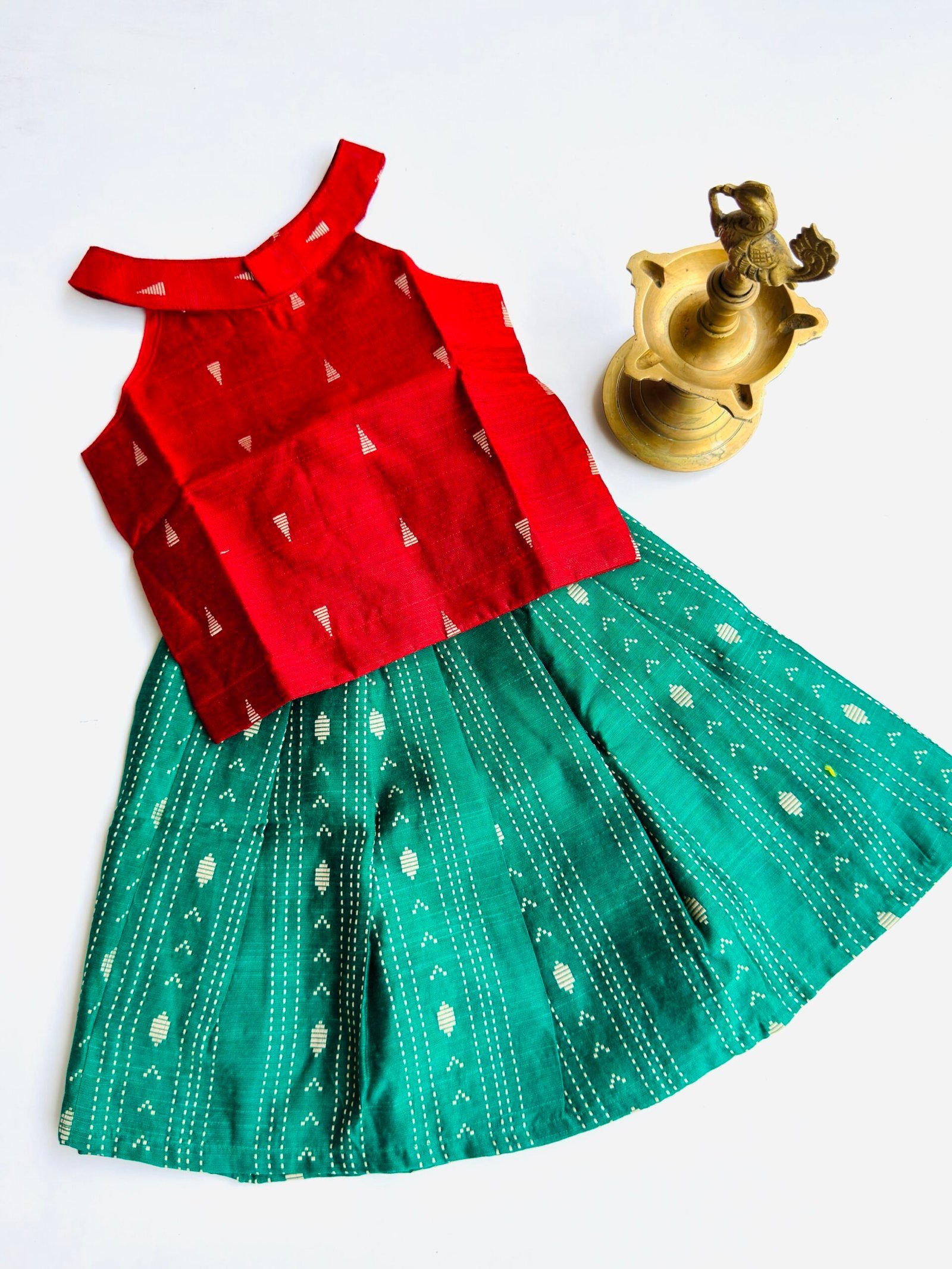 img_1557-scaled-1.jpeg Traditional Raw Silk Pattu Frock Set for Girls – Red & Green with Back Bow - Image 1